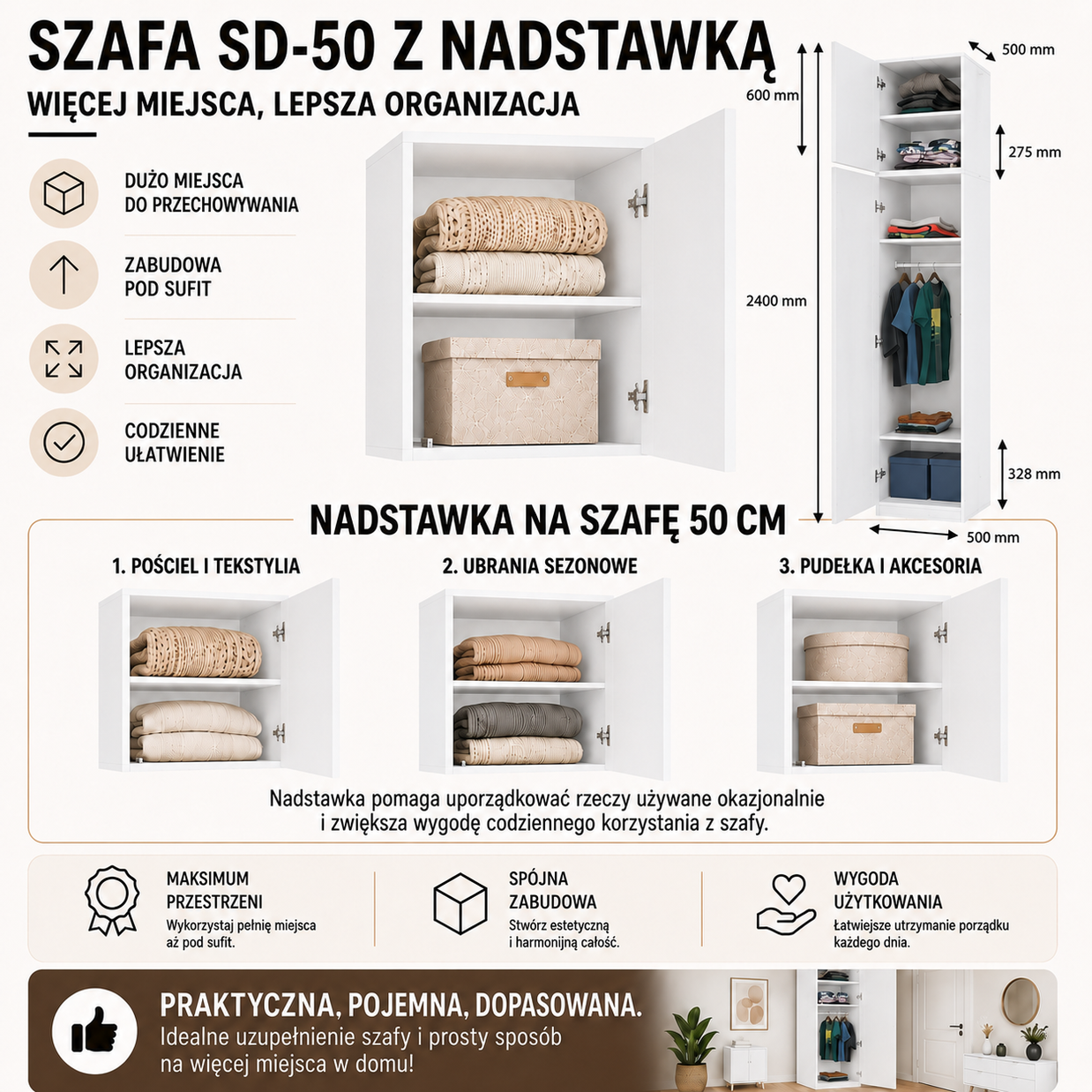 Szafa z Nadstawką SD-50 Drzwi Półki BIEL MAT Do Garderoby Pokoju Biura