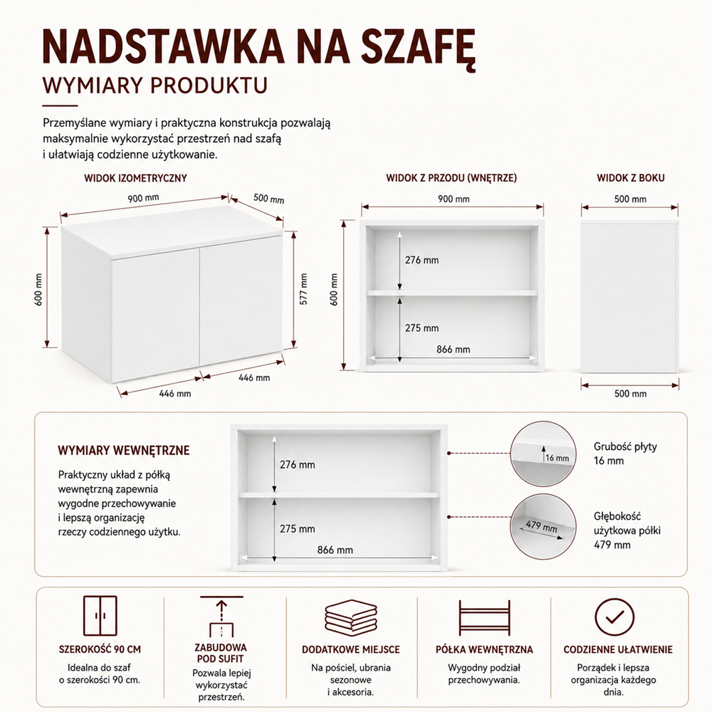 Nadstawka Na Szafę SD-90 BIEL Półka 90 cm Do Garderoby Pokoju