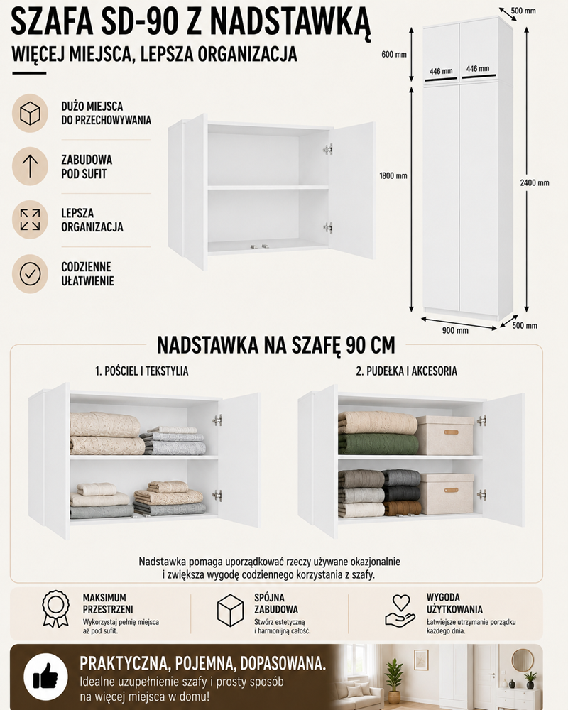 Szafa z Nadstawką SD-90 Drzwi Półki BIAŁY Do Garderoby Pokoju Biura
