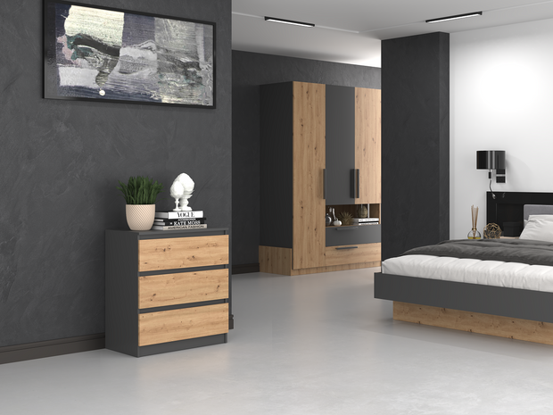 KOMODA SZAFKA 3 SZUFLADY M3 ANTRACYT / DĄB ARTISAN