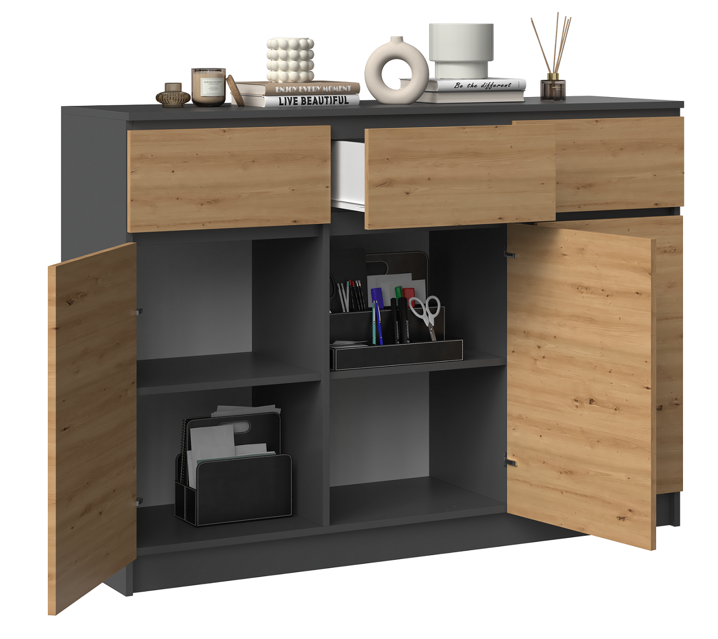 KOMODA SZAFKA 3D3S 120 - ANTRACYT / DĄB ARTISAN