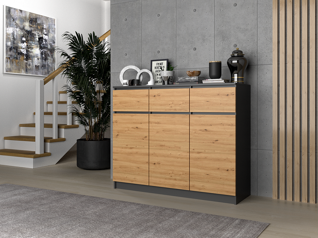 KOMODA SZAFKA 3D3S 120 - ANTRACYT / DĄB ARTISAN