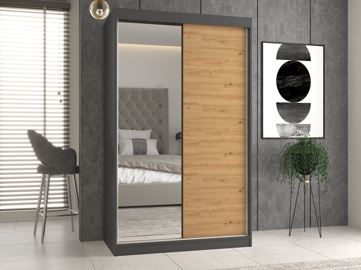 SZAFA PRZESUWNA IGA 120 CM 1 LUSTRO ANTRACYT DĄB ARTISAN
