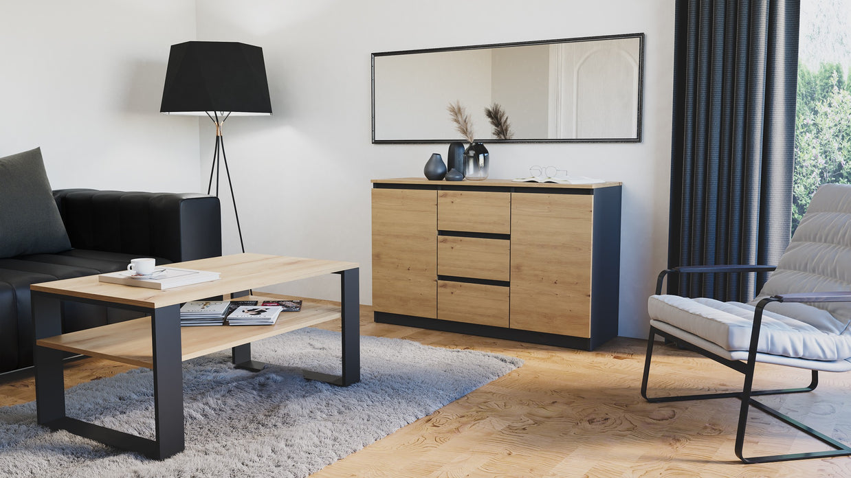KOMODA 2D3S 120 DRZWI SZUFLADY ANTRACYT BLAT DĄB ARTISAN