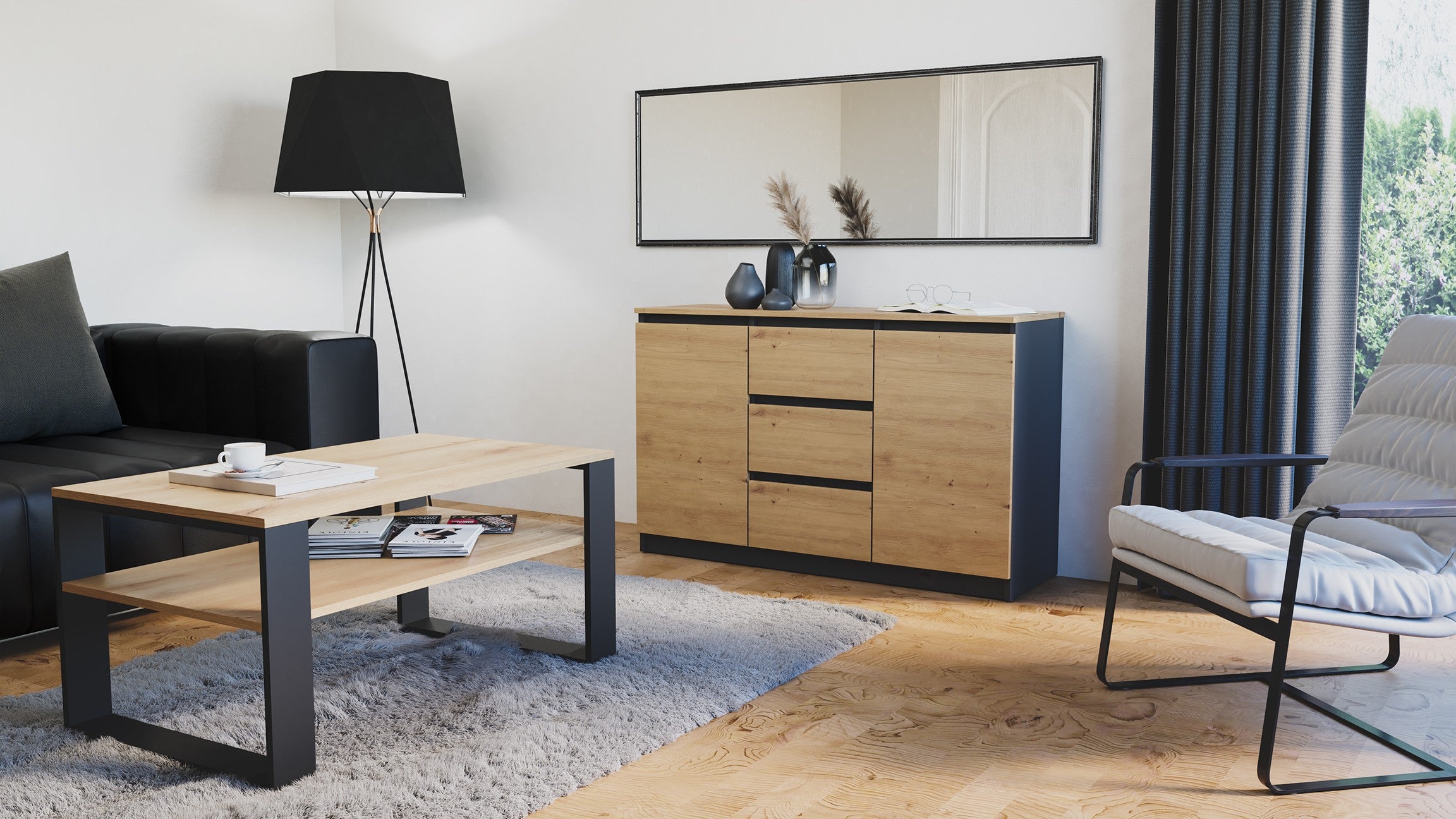 KOMODA 2D3S 120 DRZWI SZUFLADY ANTRACYT BLAT DĄB ARTISAN
