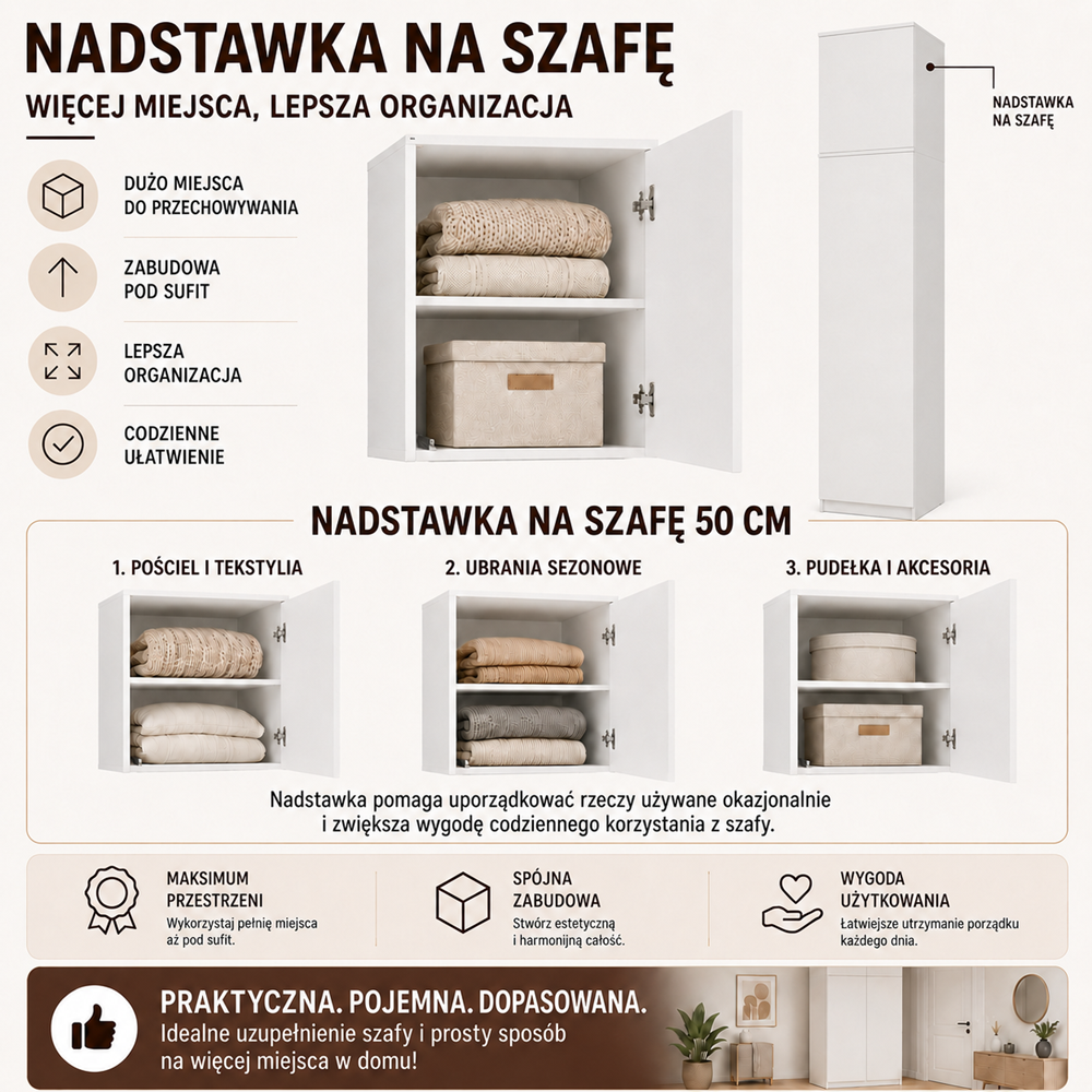 Nadstawka Na Szafę SD-50 BIEL Półka 50 cm Do Garderoby Pokoju