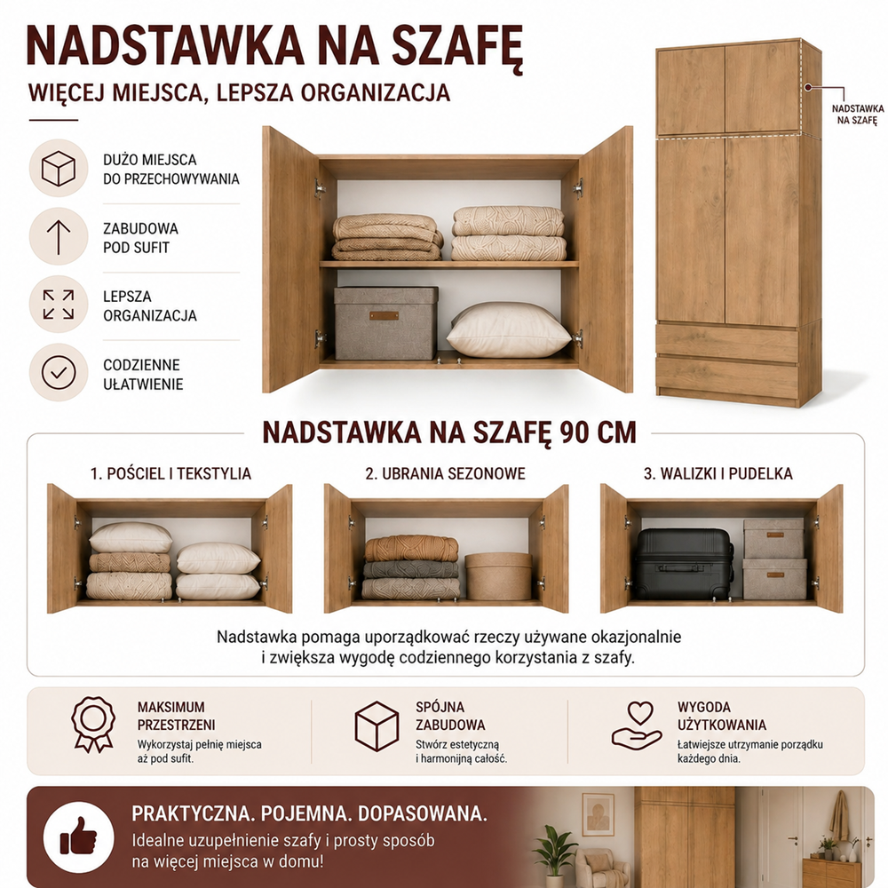 Nadstawka Na Szafę SD-90 DĄB ARTISAN Półka 90 cm Do Garderoby Pokoju