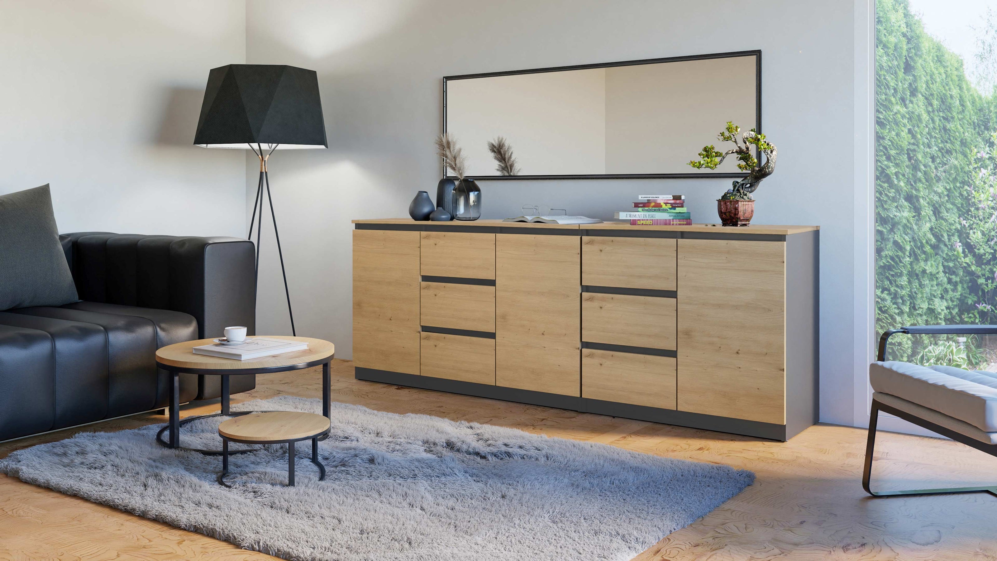 ZESTAW KOMODA COSTA 6 SZUFLAD 3 DRZWI SZAFKA ANTRACYT DĄB ARTISAN