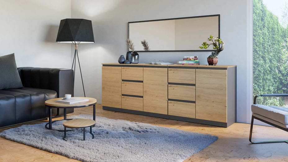ZESTAW KOMODA COSTA 6 SZUFLAD 3 DRZWI SZAFKA ANTRACYT DĄB ARTISAN