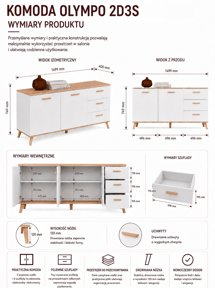Komoda OLYMPO 2D3S BIAŁA DĄB ARTISAN Szafka 150 Cm 3 Szuflady 2 Drzwi