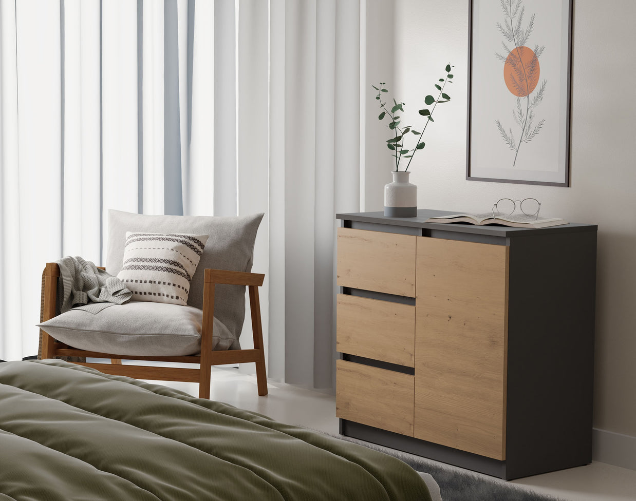 KOMODA 1D3S SZAFKA BLAT ANTRACYT 3 SZUFLADY DĄB ARTISAN