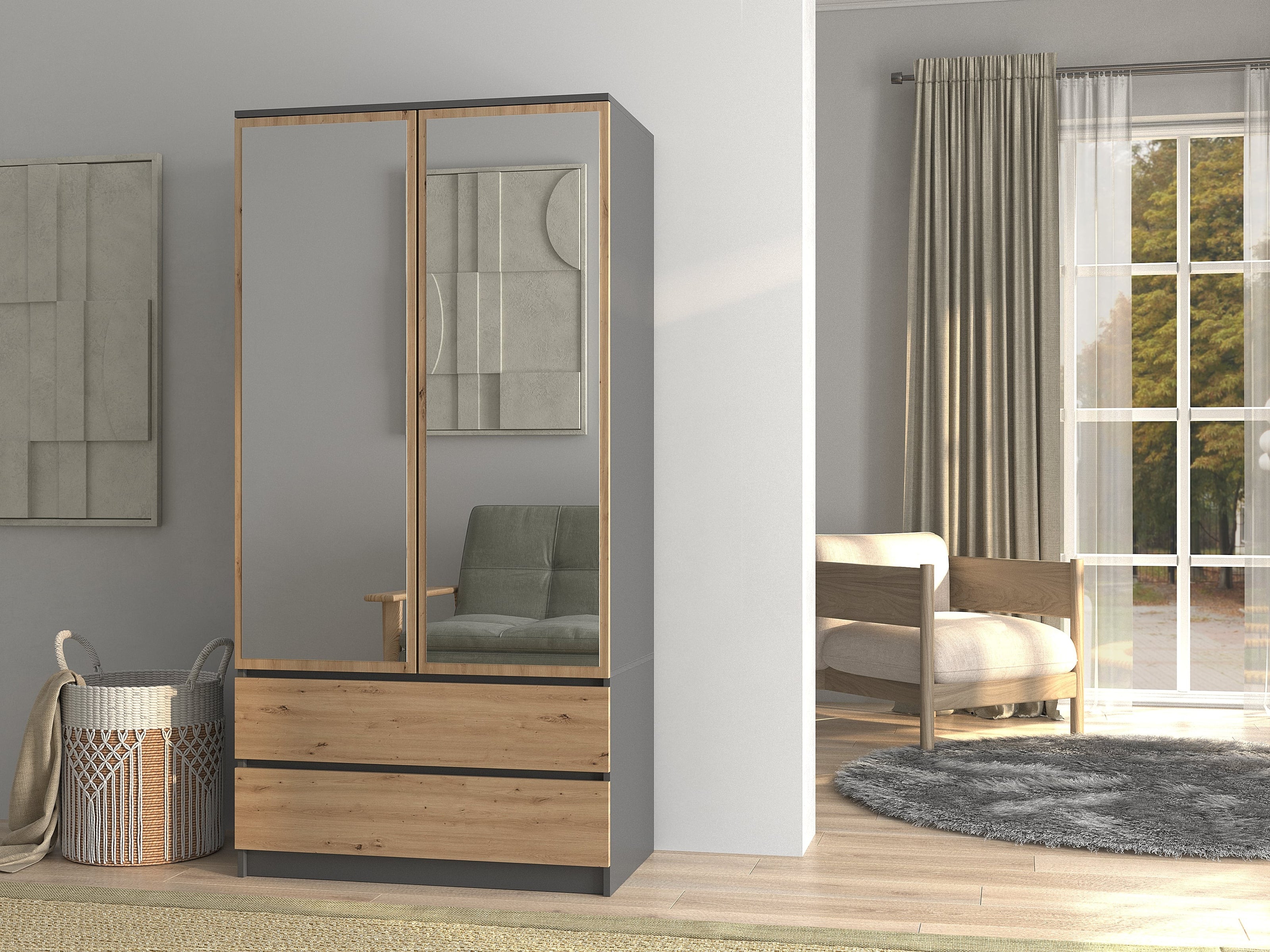 SZAFA GARDEROBA SS-90  Z LUSTREM ANTRACYT DĄB ARTISAN