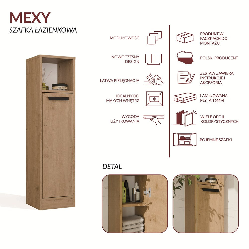 Szafka Łazienkowa MEXY 1D Słupek Regał 1 Drzwi 4 Półki Stojąca DĄB ARTISAN