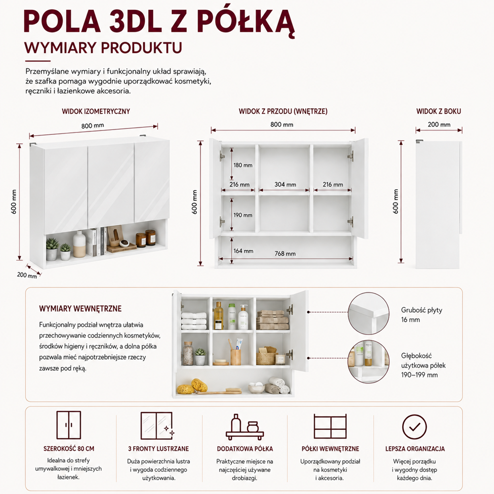 Szafka Łazienkowa Wisząca POLA 3DL/P BIAŁY 80 Cm 3 Lustra z Półką