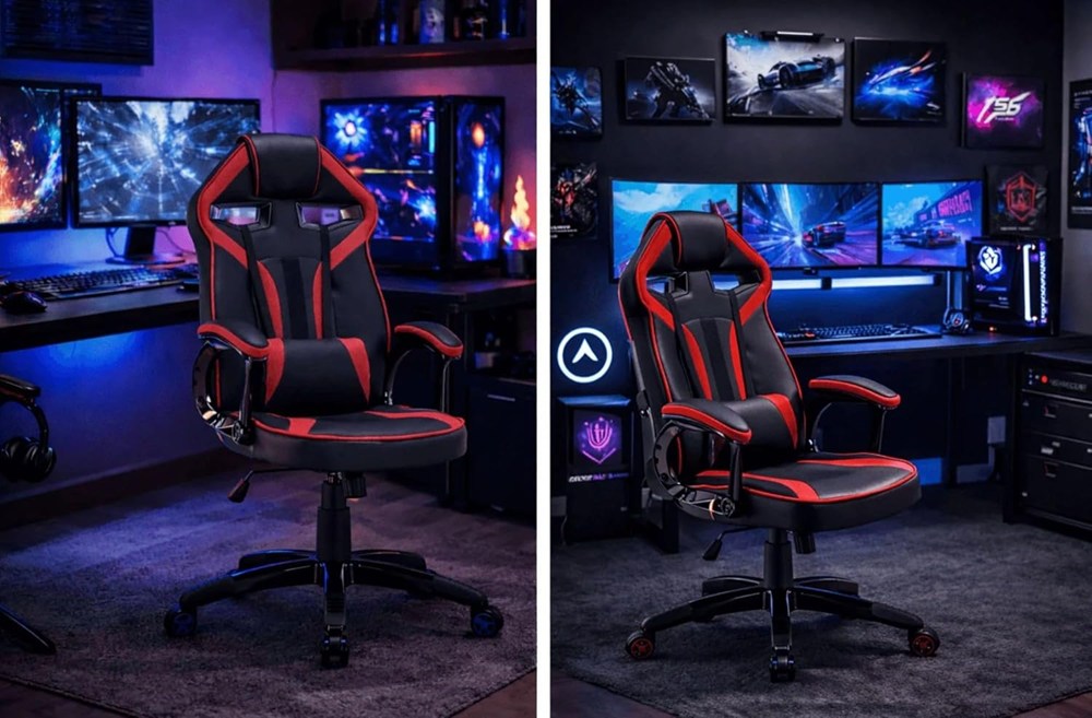 Zestaw BIURKO DANY Narożne ANTRACYT / DĄB ARTISAN + Fotel DRIFT CZERWONY