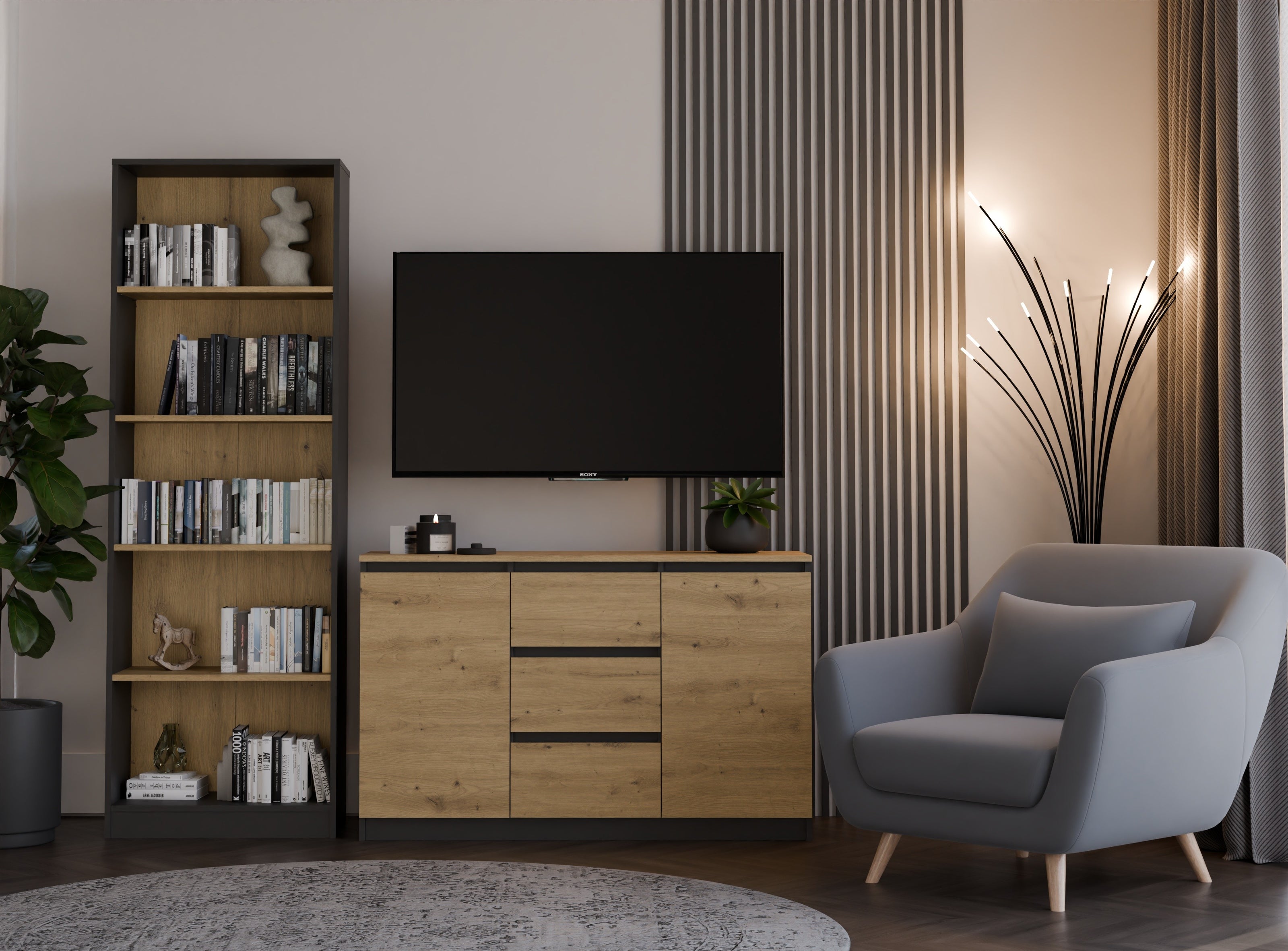 KOMODA 2D3S 120 DRZWI SZUFLADY ANTRACYT BLAT DĄB ARTISAN