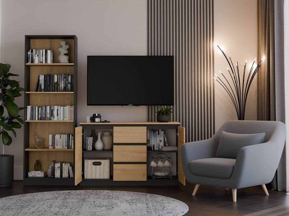 KOMODA 2D3S 120 DRZWI SZUFLADY ANTRACYT BLAT DĄB ARTISAN