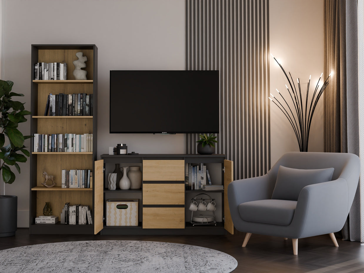 KOMODA 2D3S 120 DRZWI SZUFLADY ANTRACYT DĄB ARTISAN