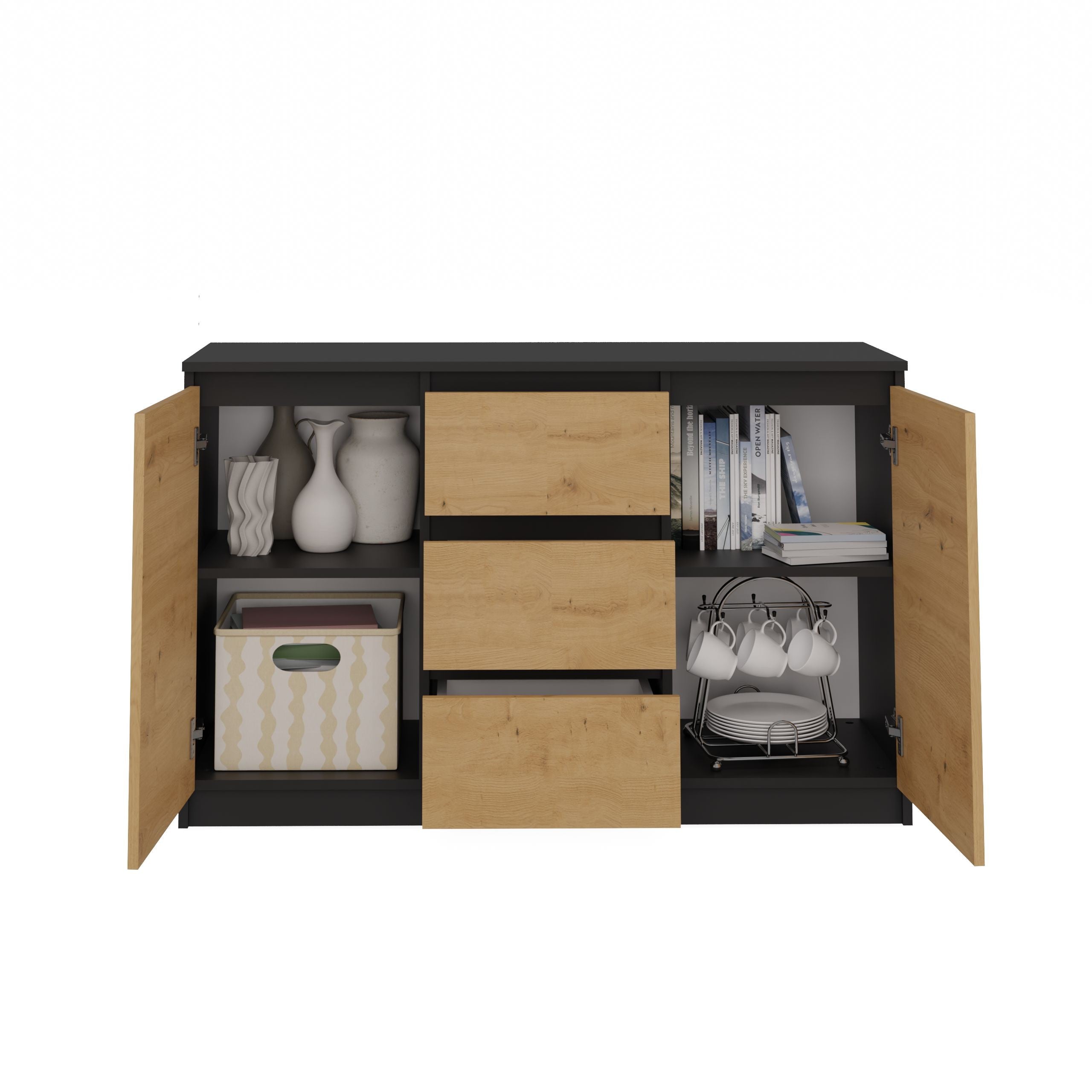 KOMODA 2D3S 120 DRZWI SZUFLADY ANTRACYT DĄB ARTISAN