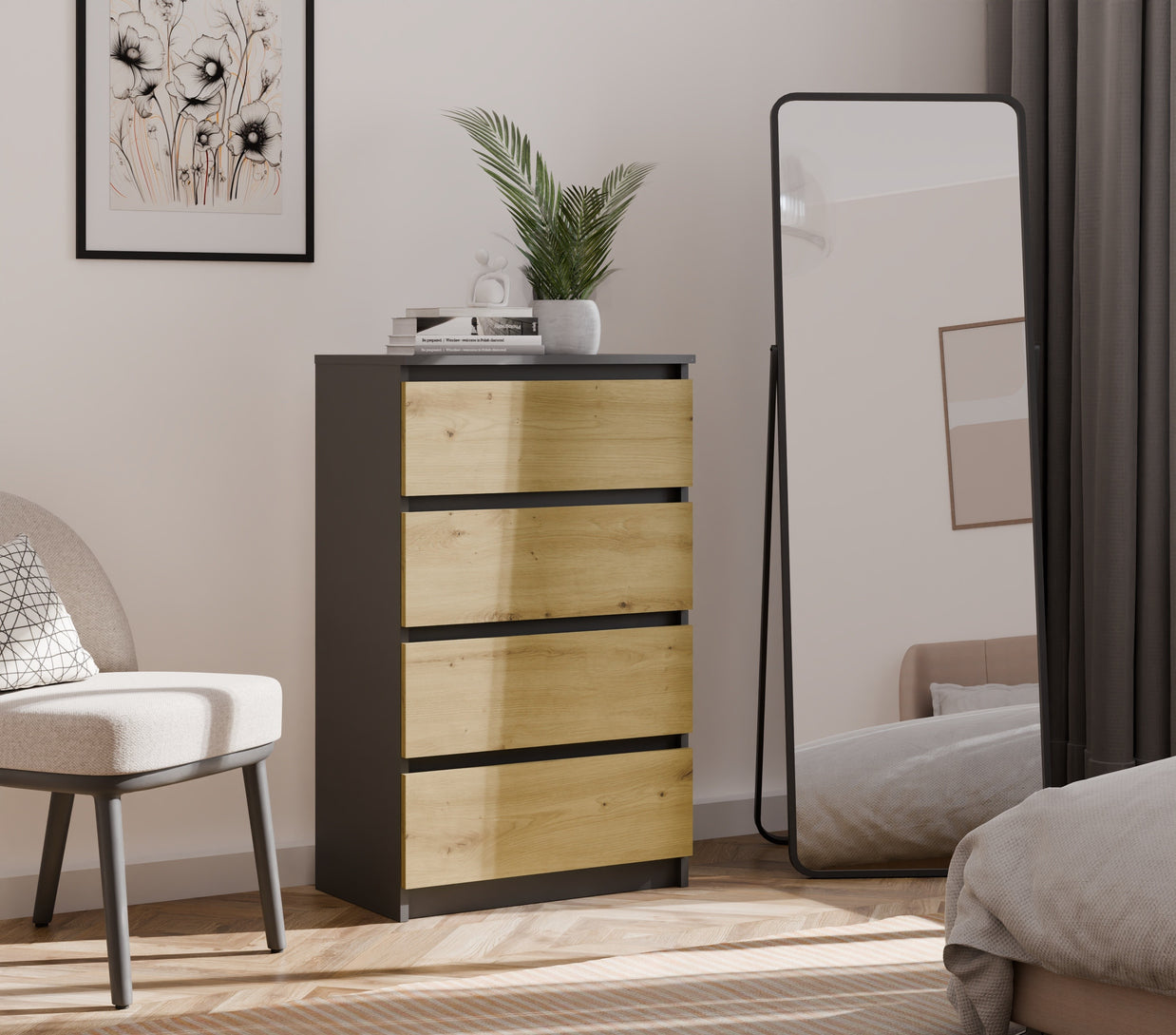 KOMODA SZAFKA 4 SZUFLADY M4 ANTRACYT / DĄB ARTISAN