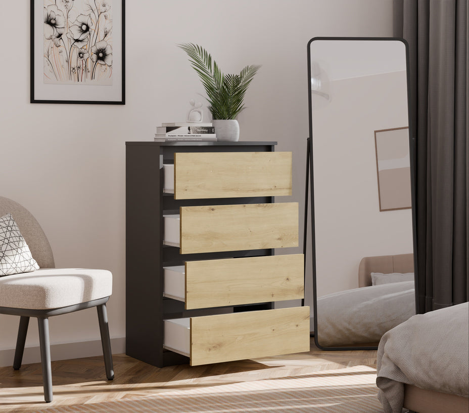 KOMODA SZAFKA 4 SZUFLADY M4 ANTRACYT / DĄB ARTISAN
