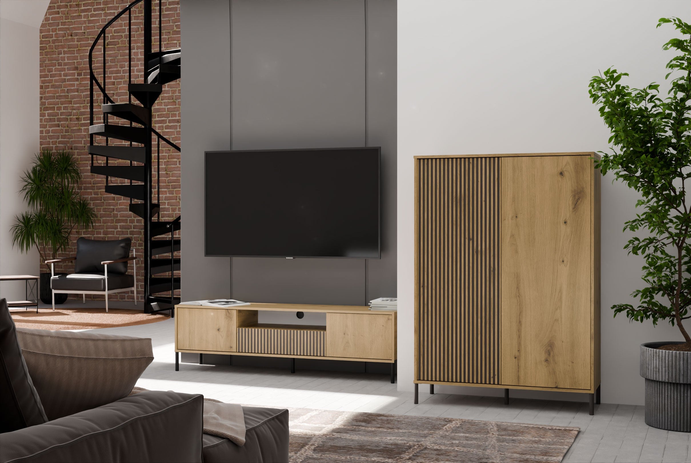 WITRYNA KAMARO 2DD SLIM/GŁ DĄB ARTISAN LAMELE FRONT RYFLOWANY + GŁADKI