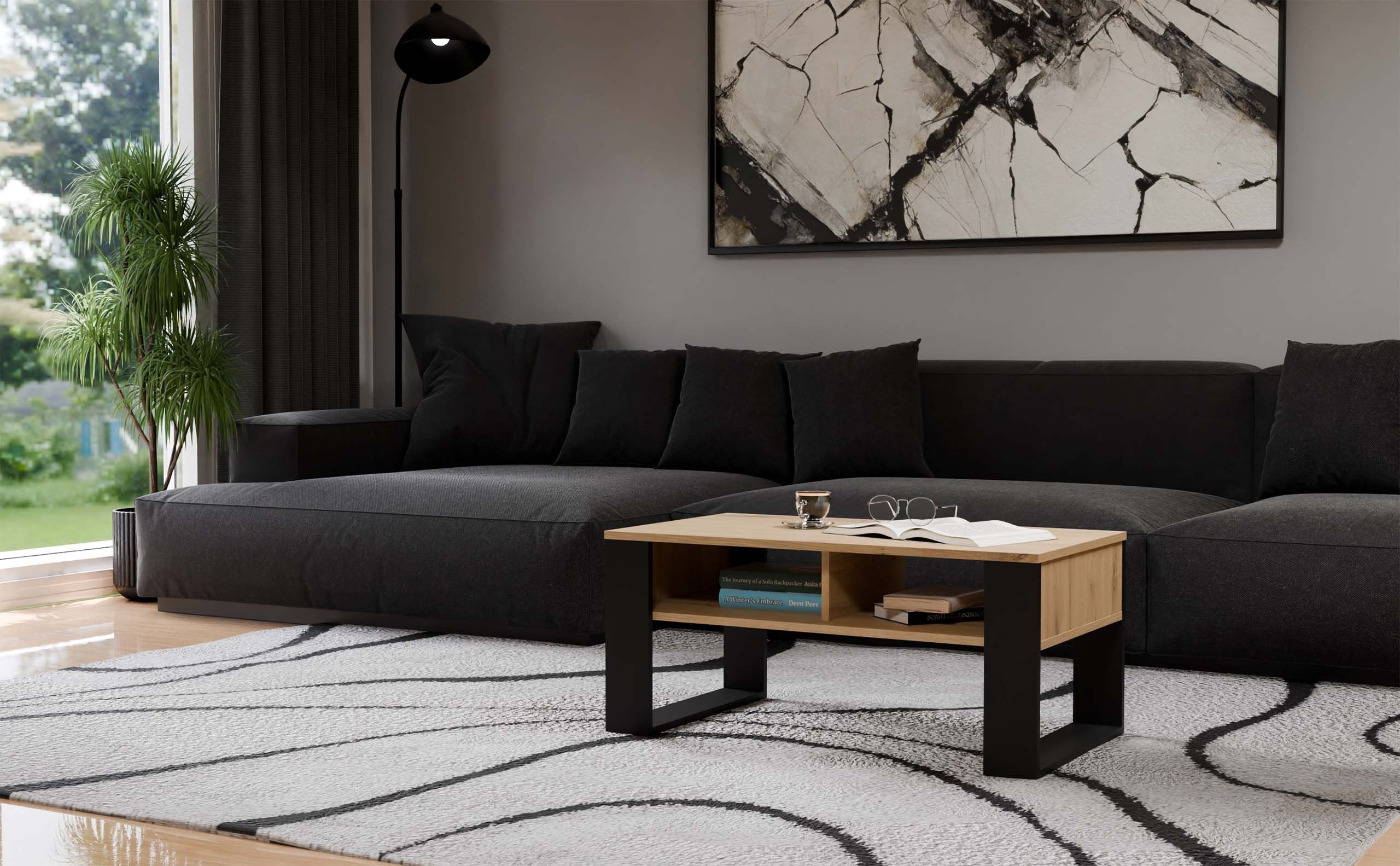 STOLIK KAWOWY ŁAWA MODERN 2P DĄB ARTISAN CZARNY
