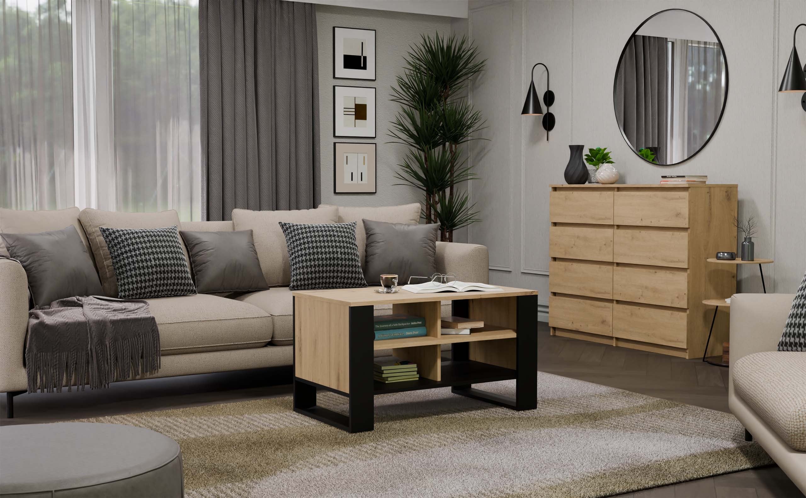 STOLIK KAWOWY ŁAWA MODERN 4P DĄB ARTISAN CZERŃ
