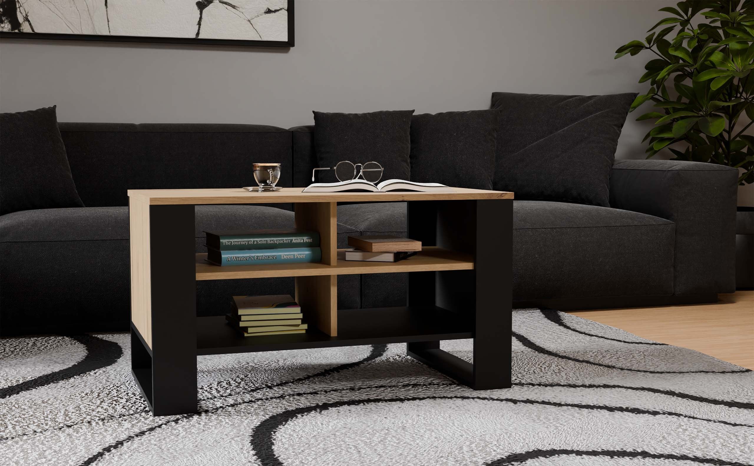 STOLIK KAWOWY ŁAWA MODERN 4P DĄB ARTISAN CZERŃ