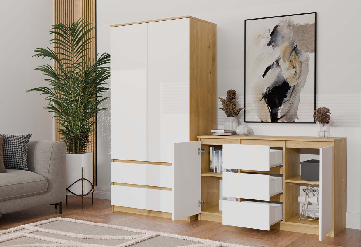 KOMODA 2D3S 120 DRZWI SZUFLADY DĄB ARTISAN BIAŁY