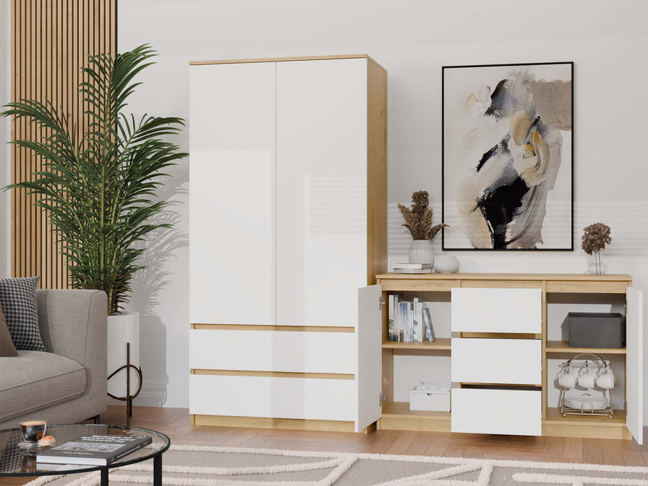 KOMODA 2D3S 120 DRZWI SZUFLADY DĄB ARTISAN BIAŁY