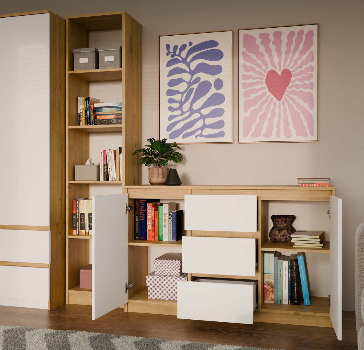 KOMODA 2D3S 120 DRZWI SZUFLADY DĄB ARTISAN BIAŁY