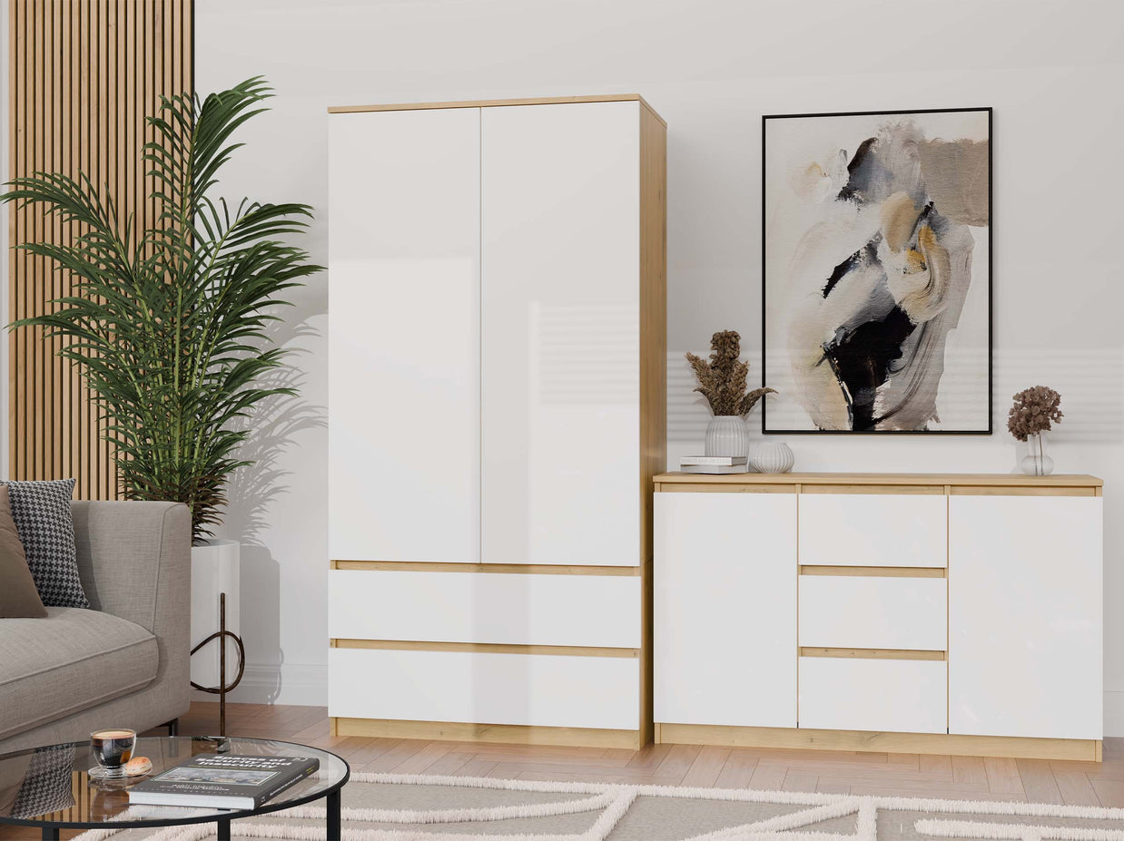 KOMODA 2D3S 120 DRZWI SZUFLADY DĄB ARTISAN BIAŁY