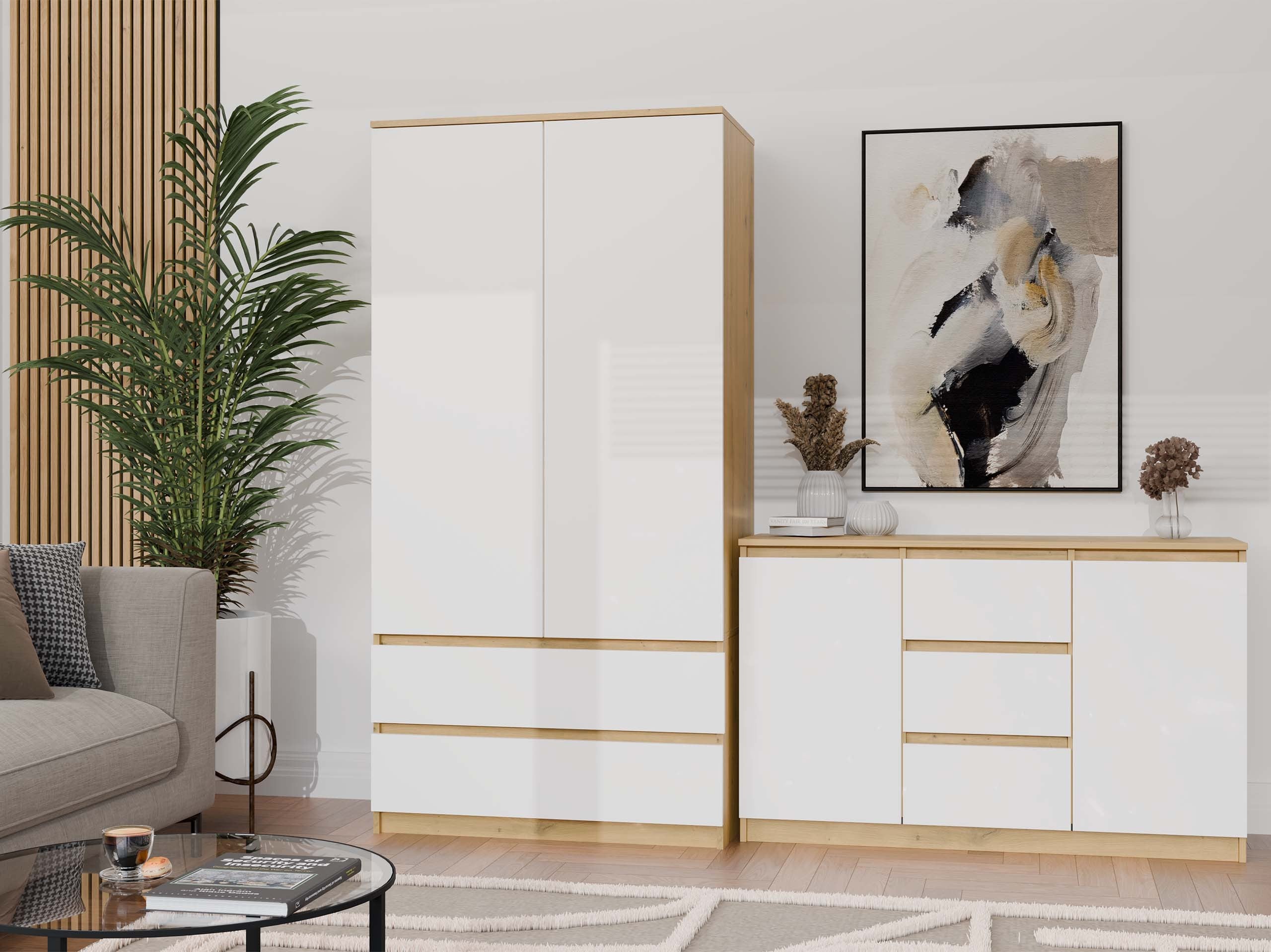 KOMODA 2D3S 120 DRZWI SZUFLADY DĄB ARTISAN BIAŁY