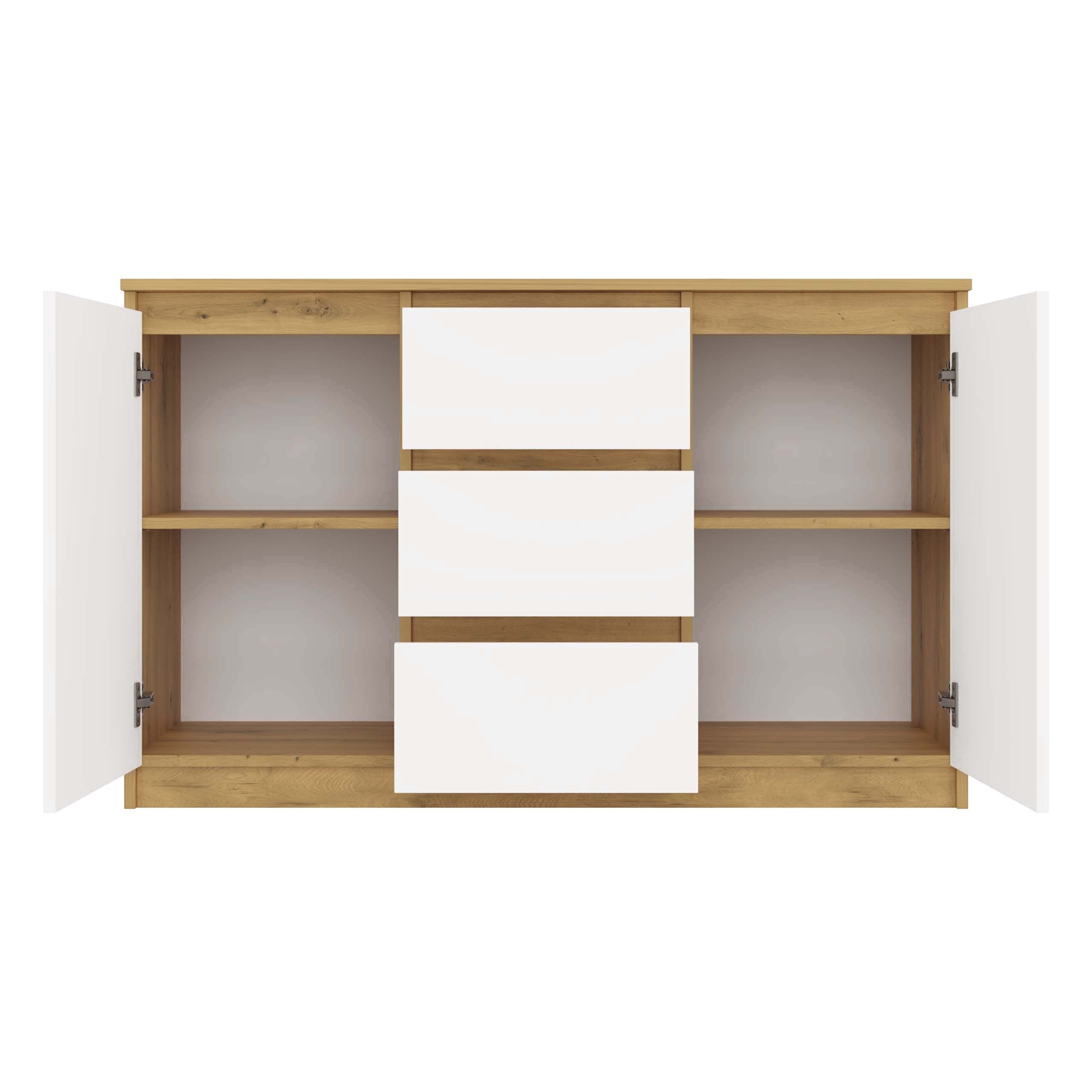 KOMODA 2D3S 120 DRZWI SZUFLADY DĄB ARTISAN BIAŁY