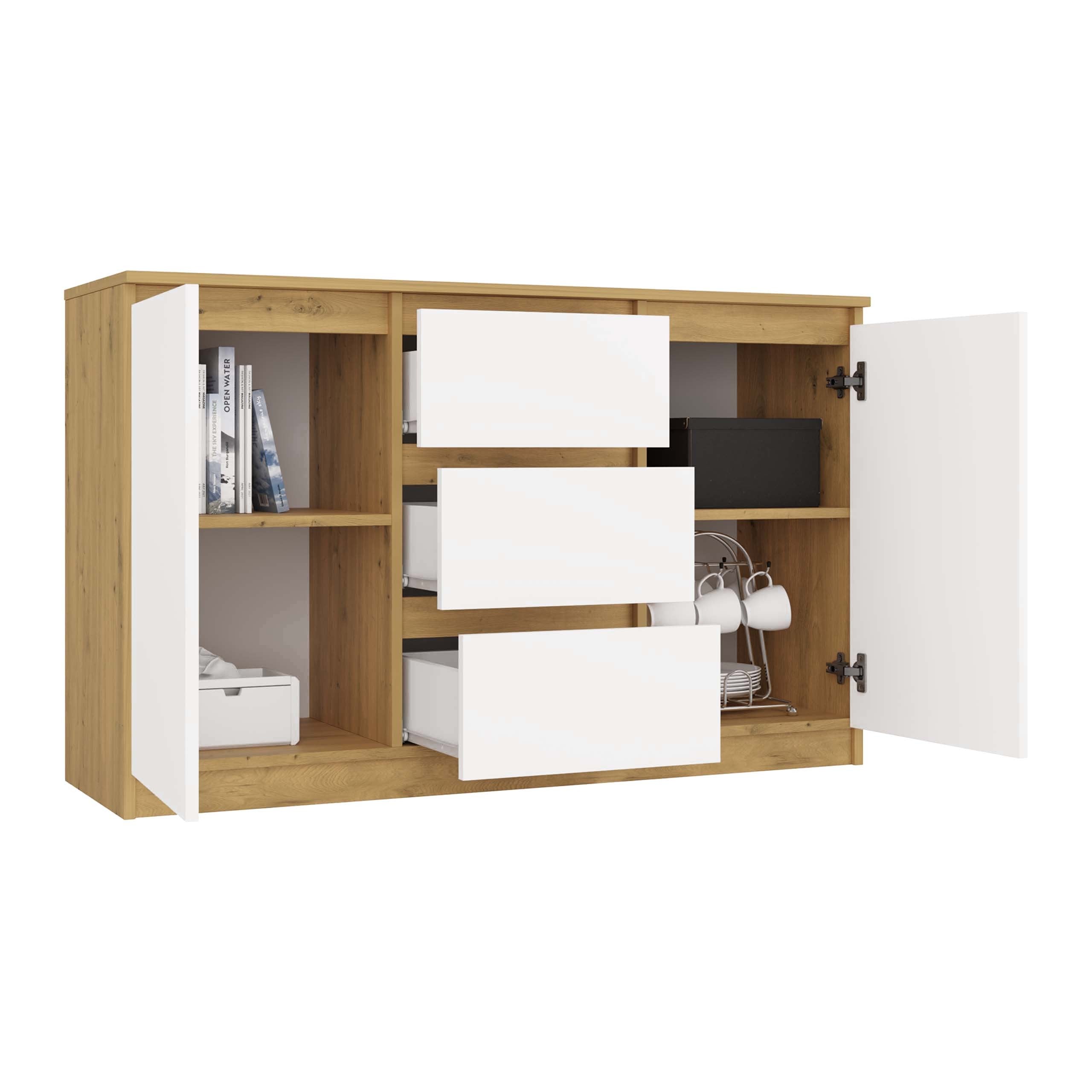 KOMODA 2D3S 120 DRZWI SZUFLADY DĄB ARTISAN BIAŁY