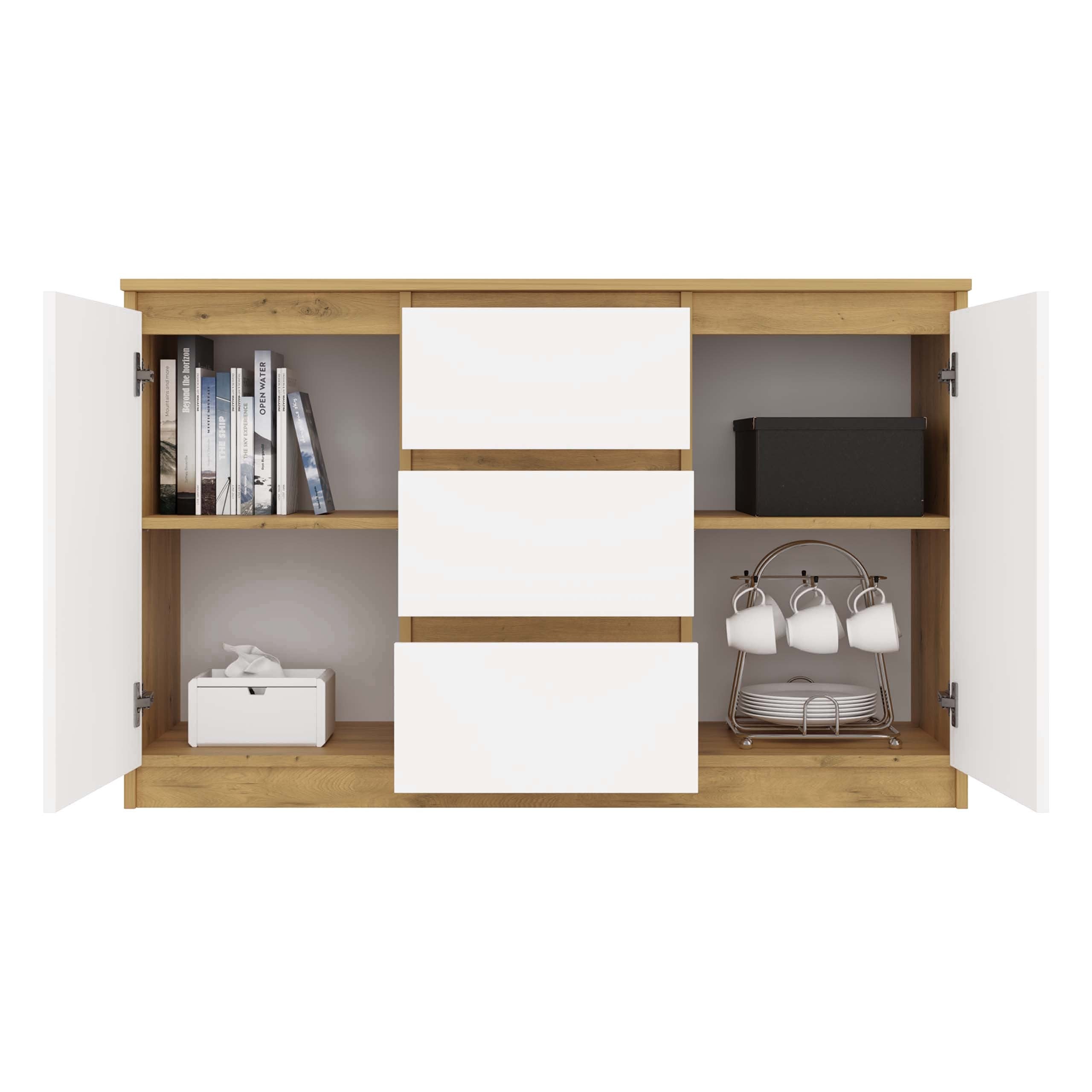 KOMODA 2D3S 120 DRZWI SZUFLADY DĄB ARTISAN BIAŁY