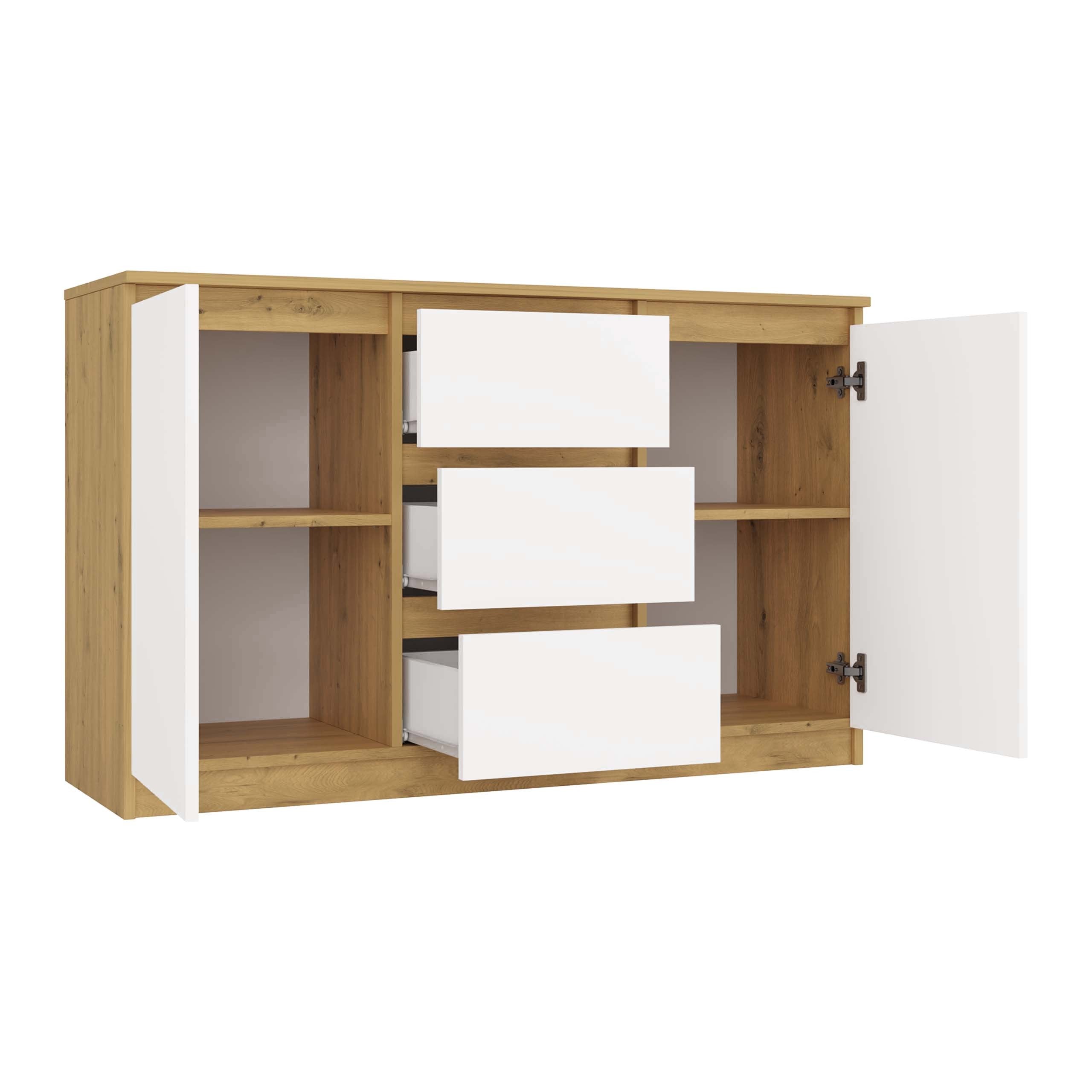 KOMODA 2D3S 120 DRZWI SZUFLADY DĄB ARTISAN BIAŁY