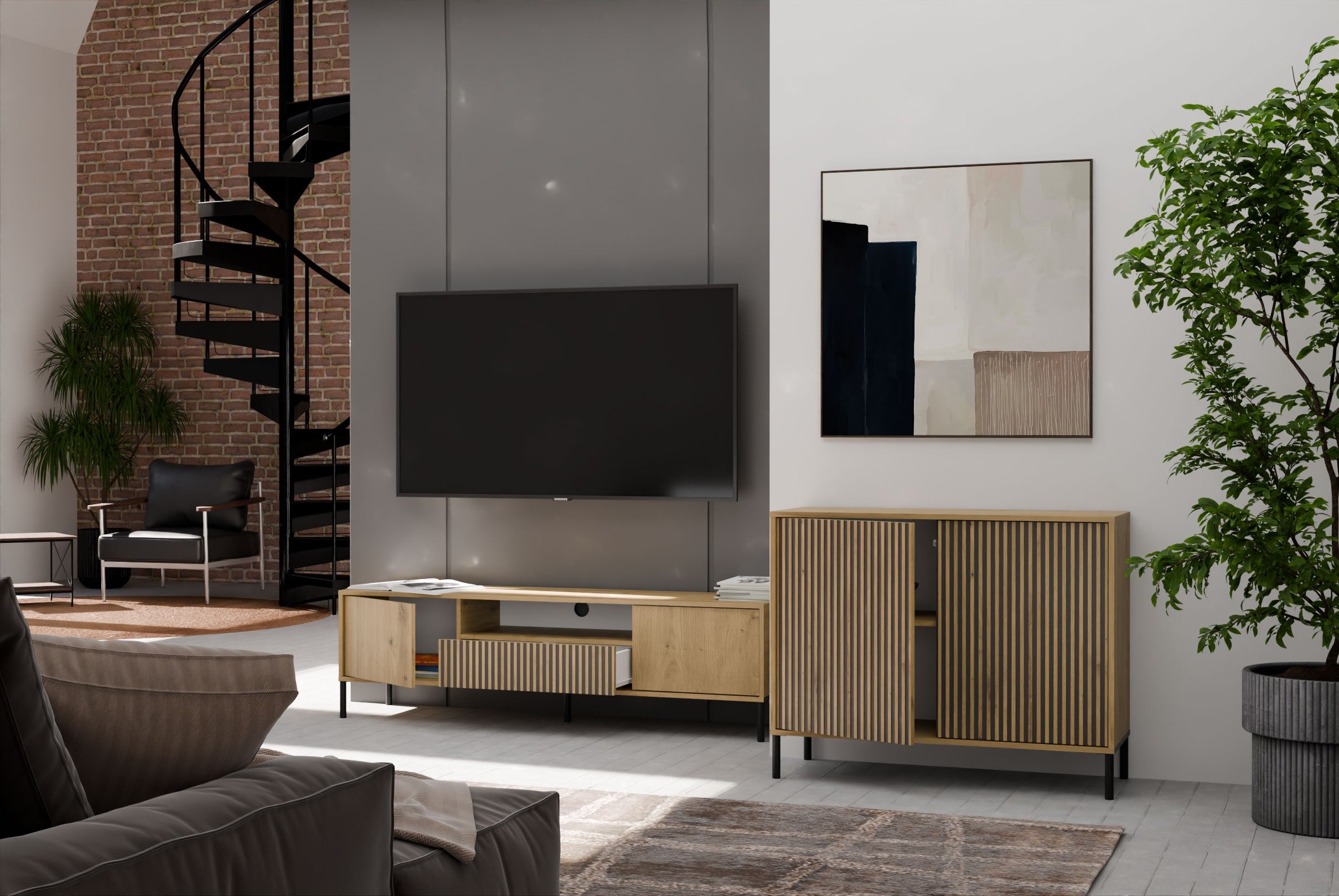 KOMODA KAMARO 2D SLIM DĄB ARTISAN LAMELE FRONT RYFLOWANY