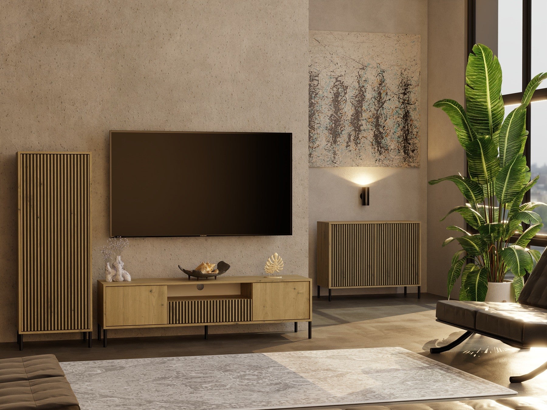 KOMODA KAMARO 2D SLIM DĄB ARTISAN LAMELE FRONT RYFLOWANY