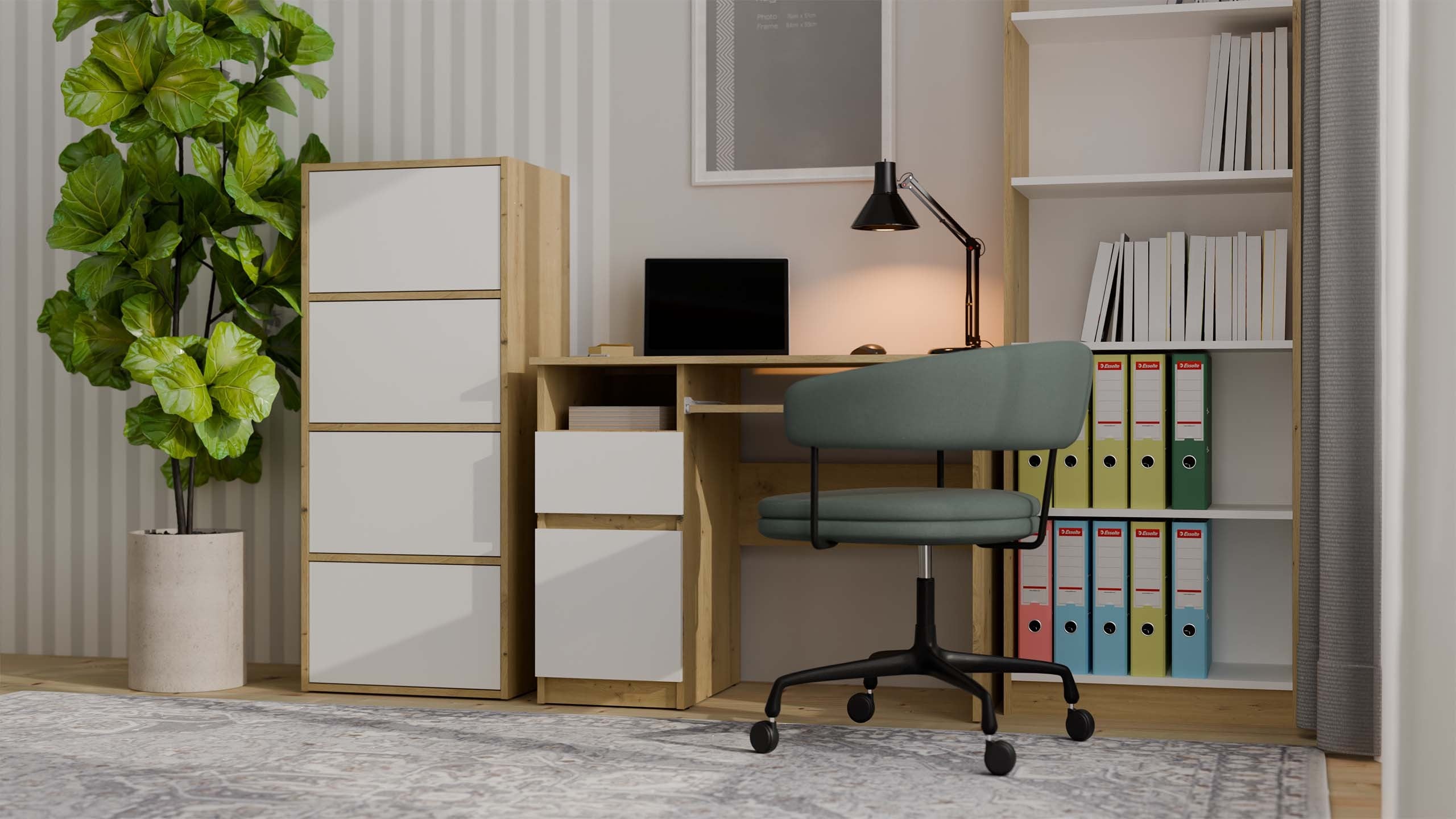 KOMODA ALMA 4 DRZWI 4 PÓŁKI BIEL / KORPUS DĄB ARTISAN