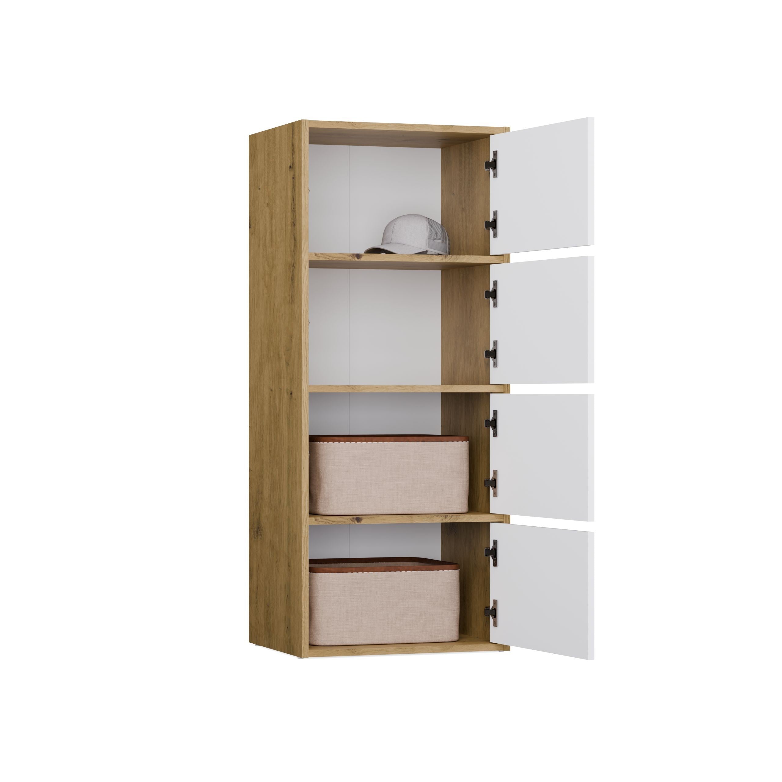 KOMODA ALMA 4 DRZWI 4 PÓŁKI BIEL / KORPUS DĄB ARTISAN
