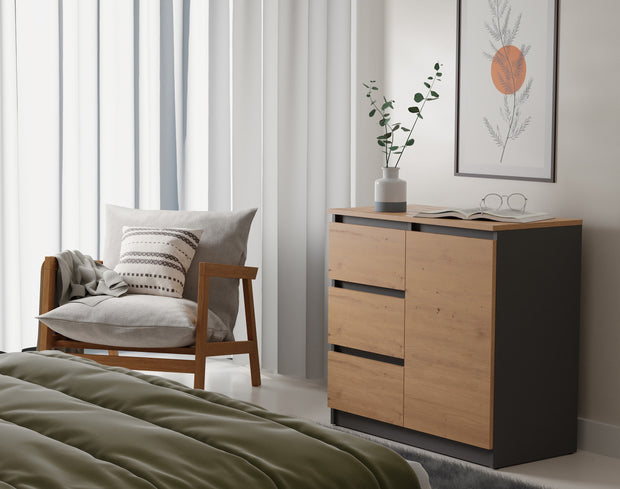 KOMODA 1D3S SZAFKA 1 DRZWI 3 SZUFLADY ANTRACYT DĄB ARTISAN