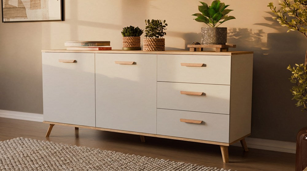 Komoda OLYMPO 2D3S BIAŁA DĄB ARTISAN Szafka 150 Cm 3 Szuflady 2 Drzwi