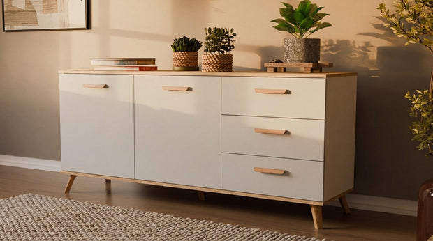 Komoda OLYMPO 2D3S BIAŁA DĄB ARTISAN Szafka 150 Cm 3 Szuflady 2 Drzwi
