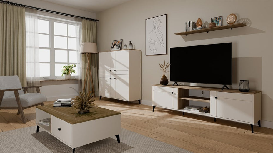 Stolik Kawowy Ława POINT 2S 110 Kaszmir Beż Dąb Castello 2 Szuflady Do Salonu