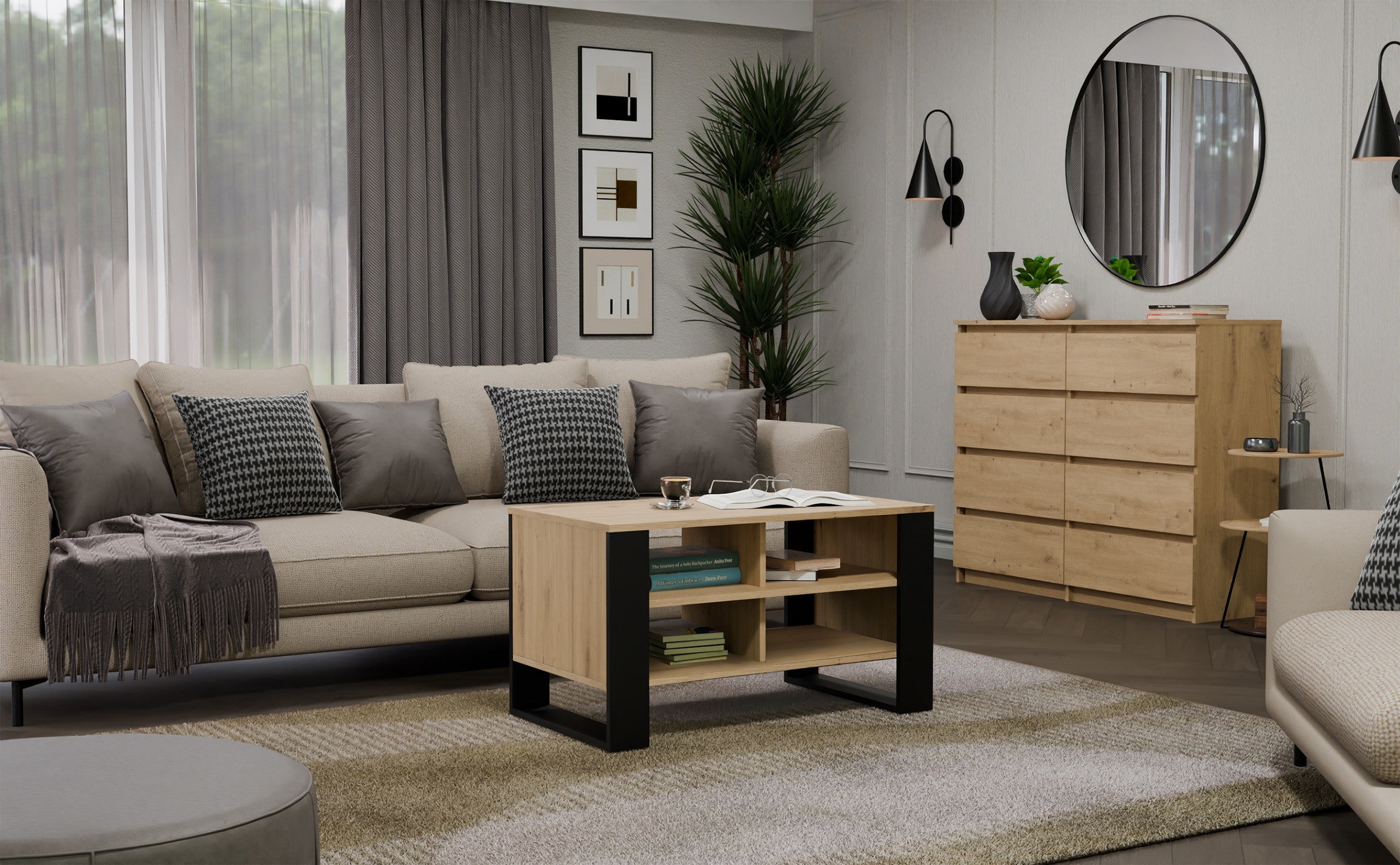STOLIK KAWOWY ŁAWA MODERN 4P DĄB ARTISAN CZERŃ