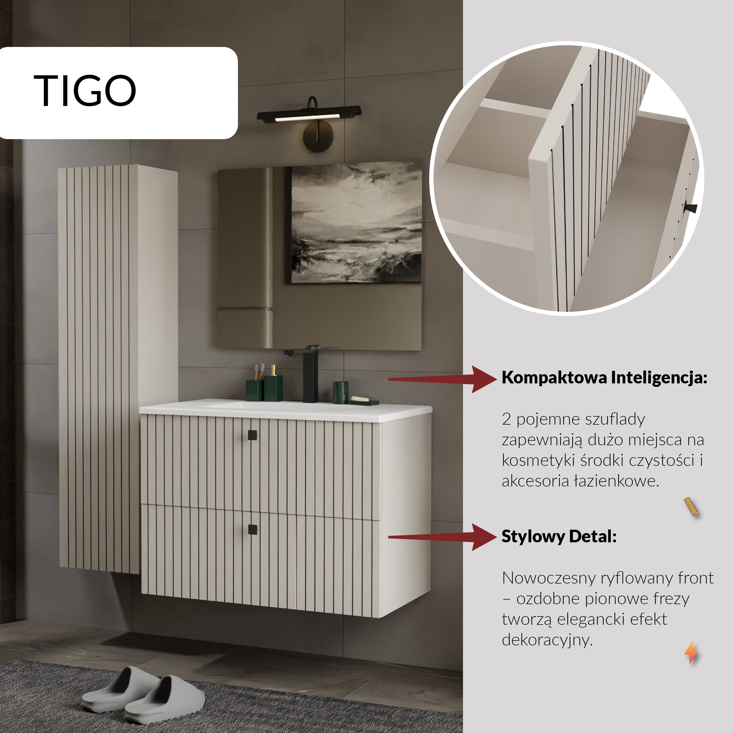 SZAFKA POD UMYWALKĘ TIGO 80 2S KASZMIR RYFLOWANY FRONT