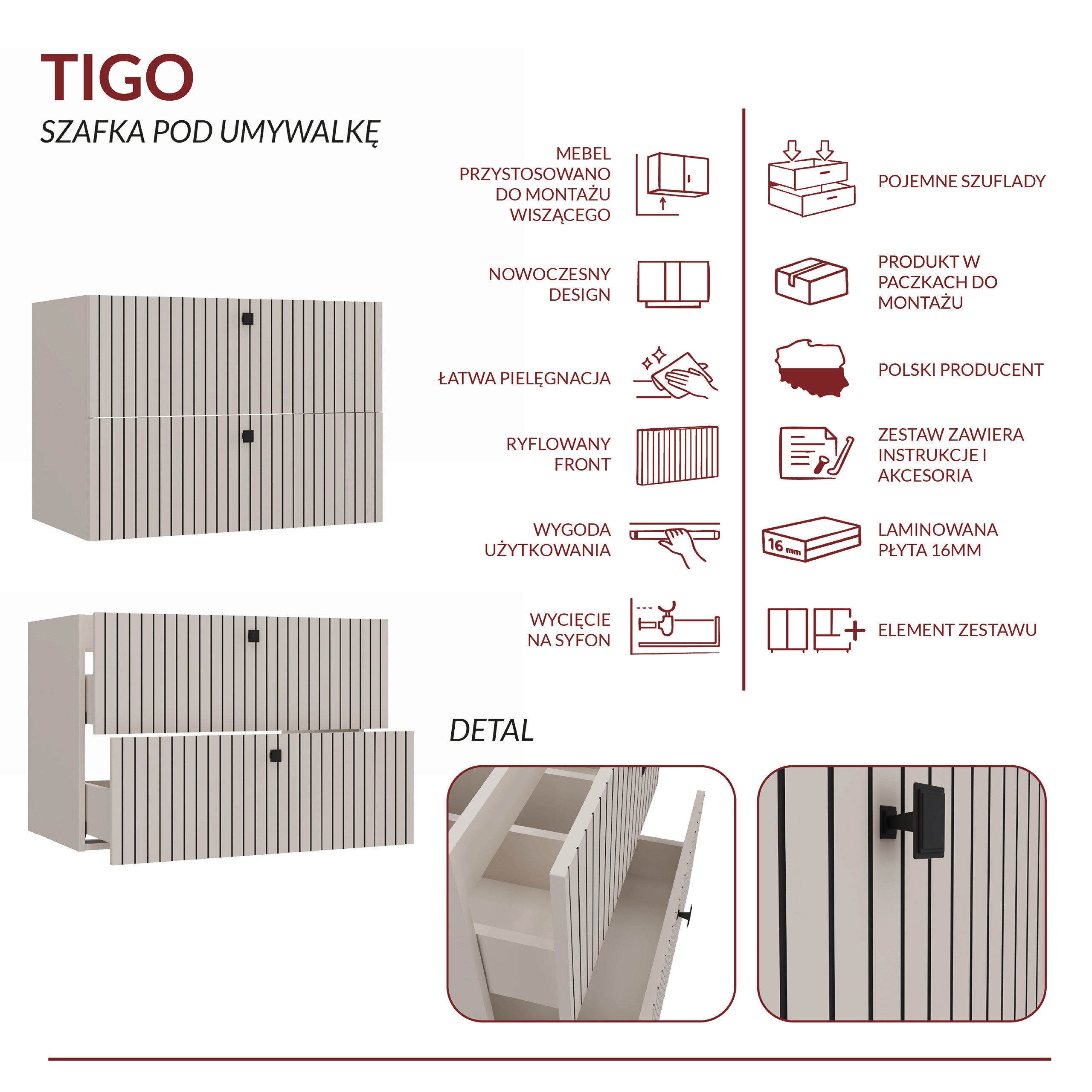SZAFKA POD UMYWALKĘ TIGO 80 2S KASZMIR RYFLOWANY FRONT