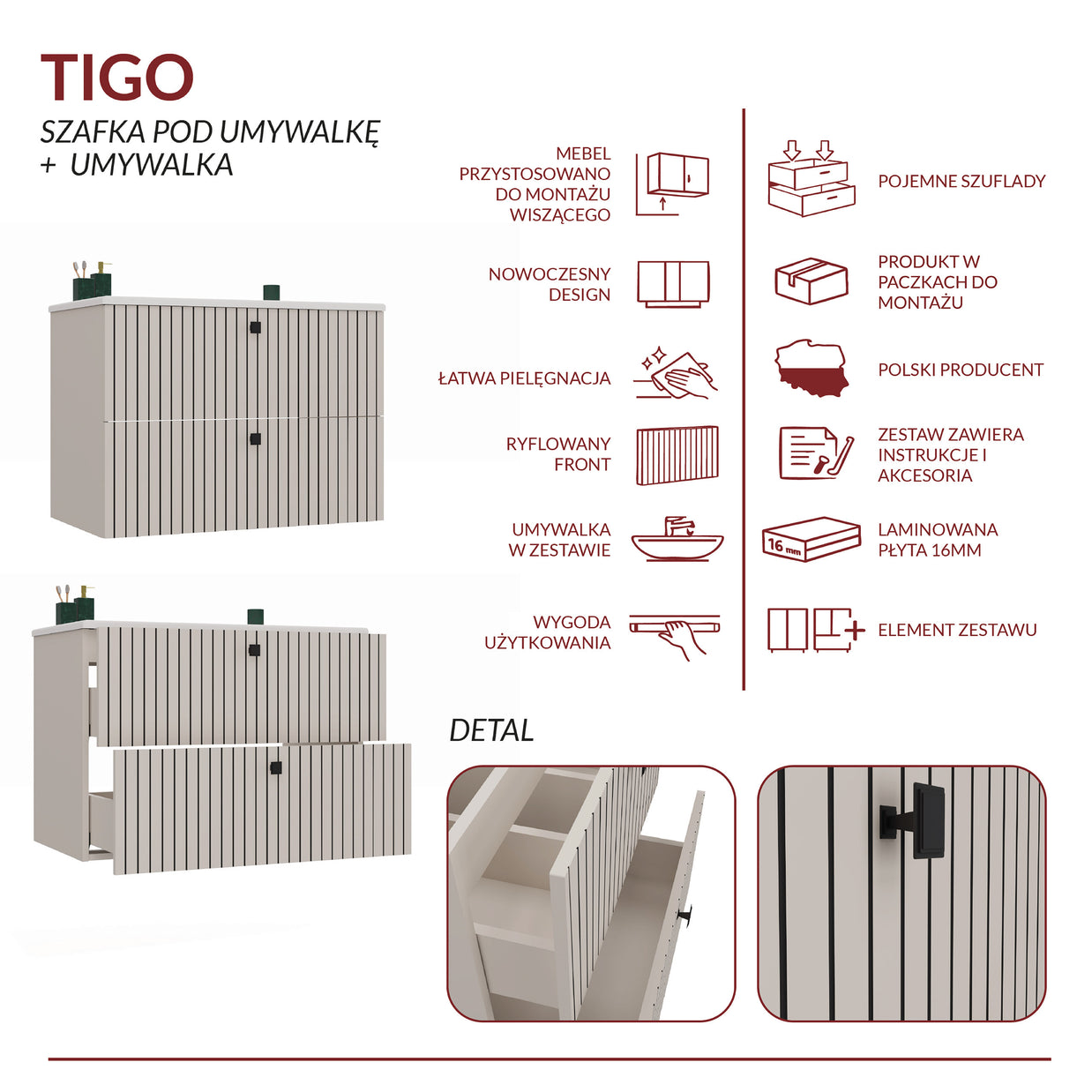 SZAFKA POD UMYWALKĘ TIGO 80 2S KASZMIR RYFLOWANY FRONT + UMYWALKA
